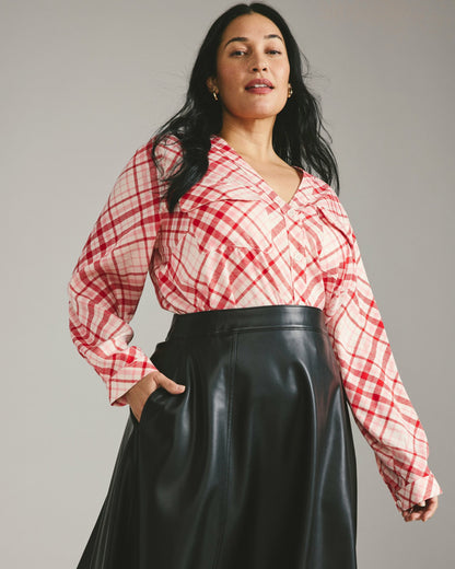 Cooling Stretch Cupro Button-Down Blouse - Red Plaid Print | Universal Standard