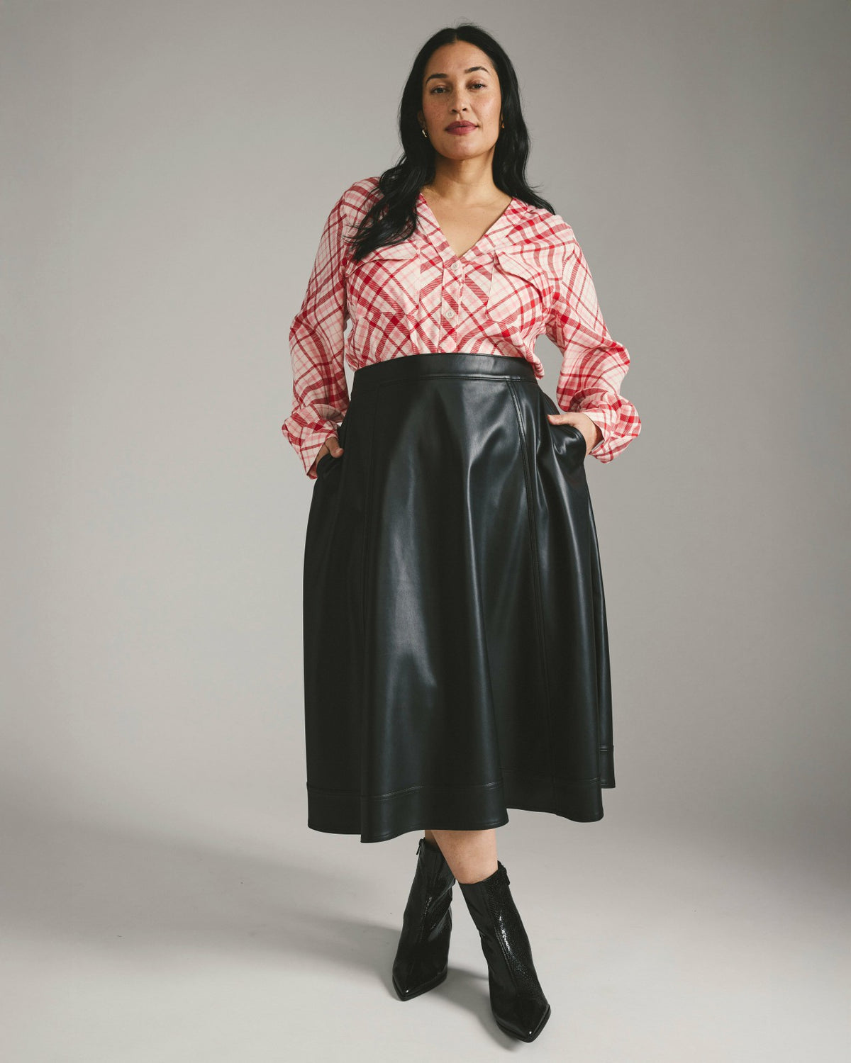 Cooling Stretch Cupro Button-Down Blouse - Red Plaid Print | Universal Standard