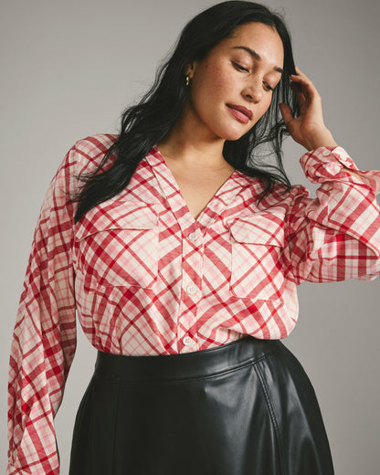 Cooling Stretch Cupro Button-Down Blouse - Red Plaid Print | Universal Standard