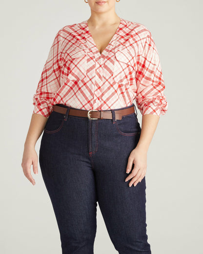 Cooling Stretch Cupro Button-Down Blouse - Red Plaid Print | Universal Standard