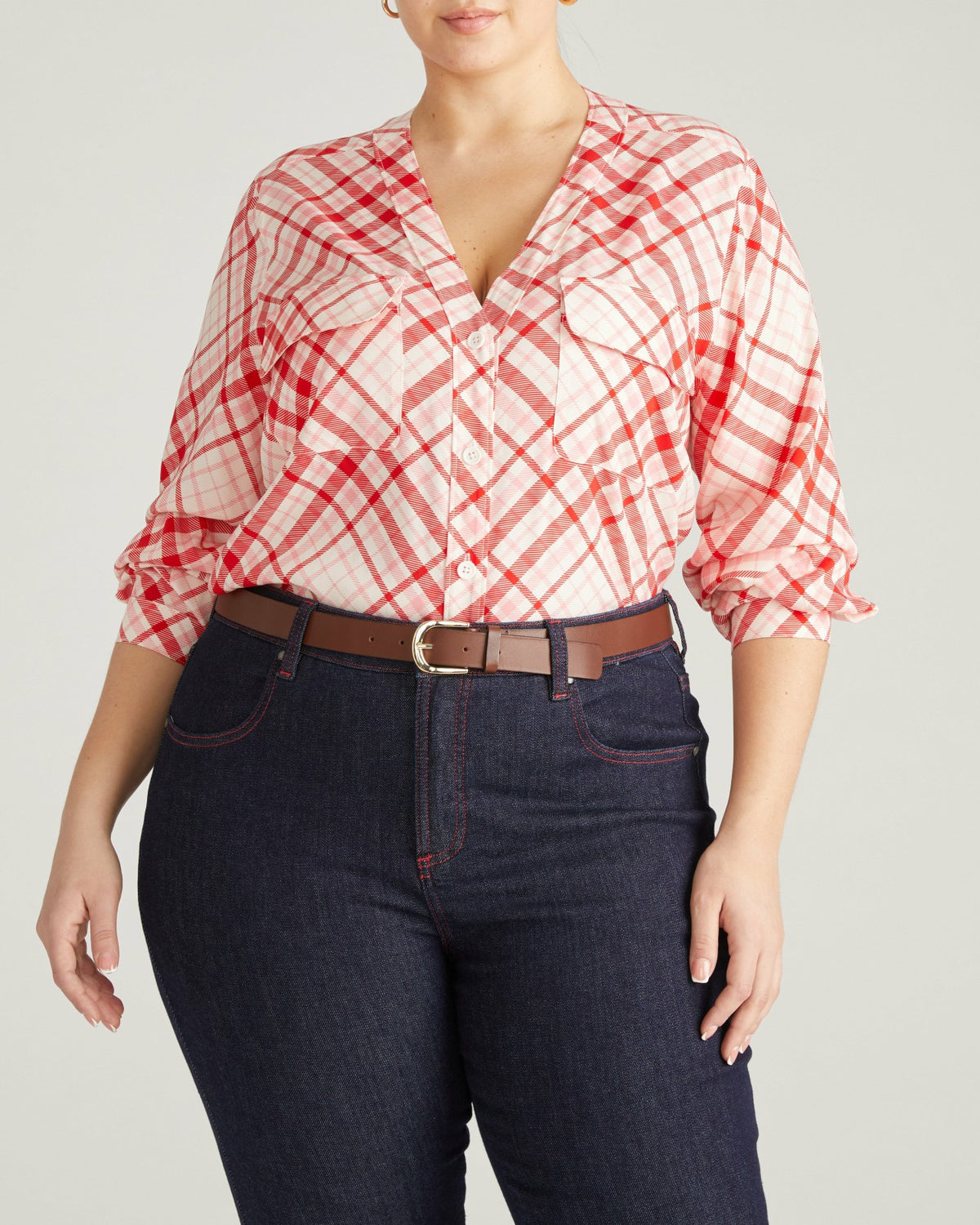 Cooling Stretch Cupro Button-Down Blouse - Red Plaid Print | Universal Standard