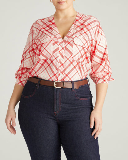 Cooling Stretch Cupro Button-Down Blouse - Red Plaid Print | Universal Standard