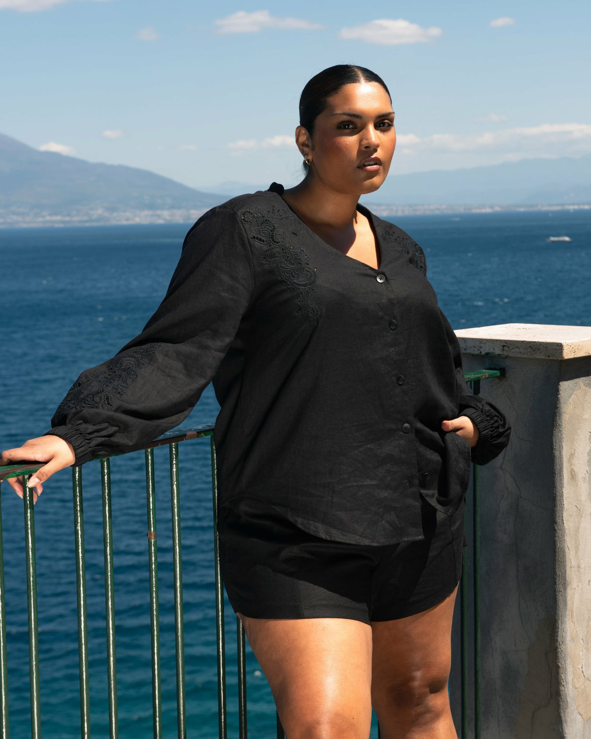 Frances Embroidered Linen Blend Blouse - Black | Universal Standard