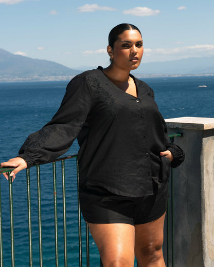Frances Embroidered Linen Blend Blouse - Black | Universal Standard