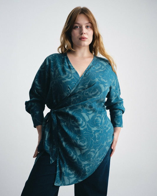 Beacon Stretch Cupro Wrap Shirt - Rose Print in Deep Teal | Universal Standard