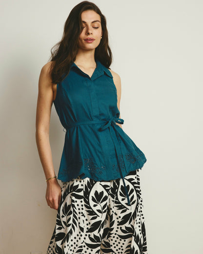 Adelaide Embroidered Sleeveless Linen Blend Shirt - Ink Blue | Universal Standard