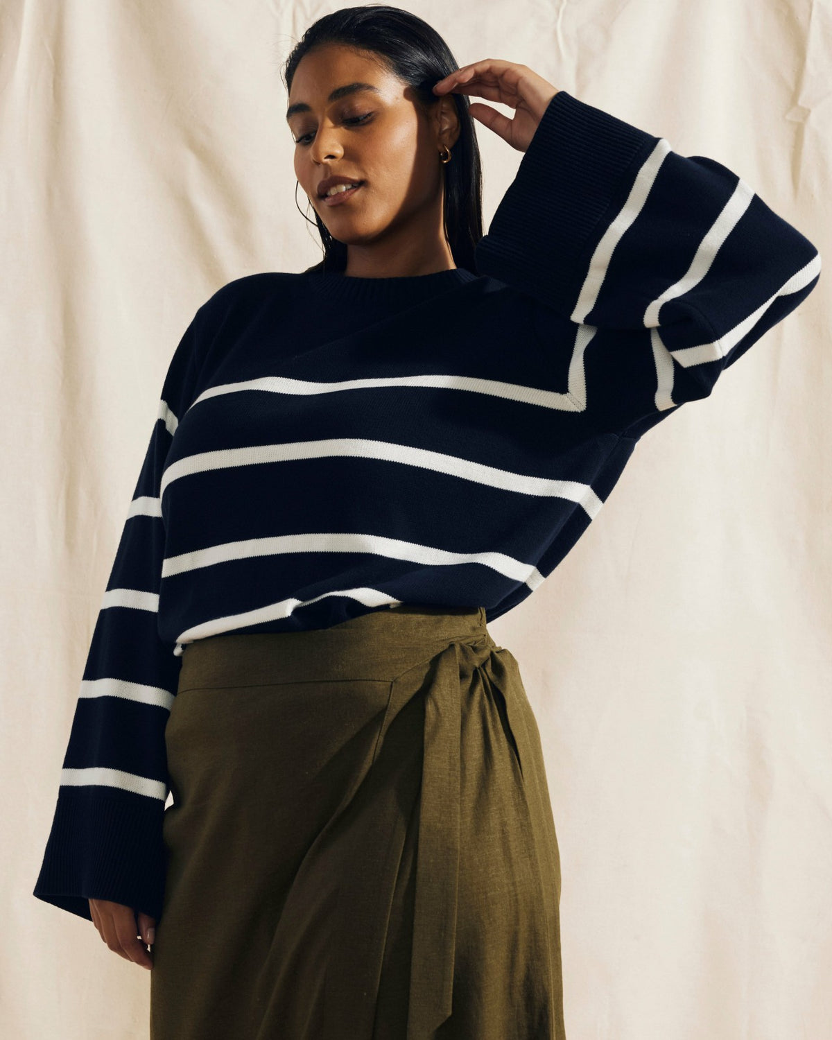 Bardot Wide Sleeve Cotton Sweater - Navy/White | Universal Standard
