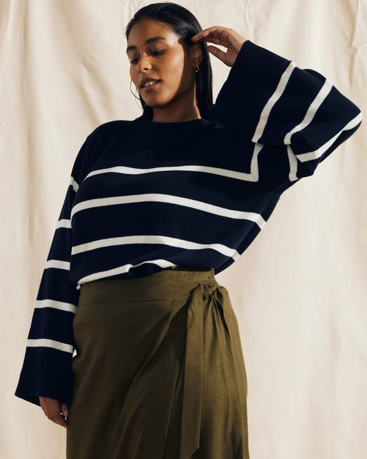 Bardot Wide Sleeve Cotton Sweater - Navy/White | Universal Standard