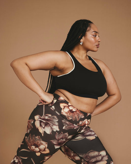 Next-to-Naked Racerback Sports Bra - Deep Brown/Dove Wing Trim | Universal Standard
