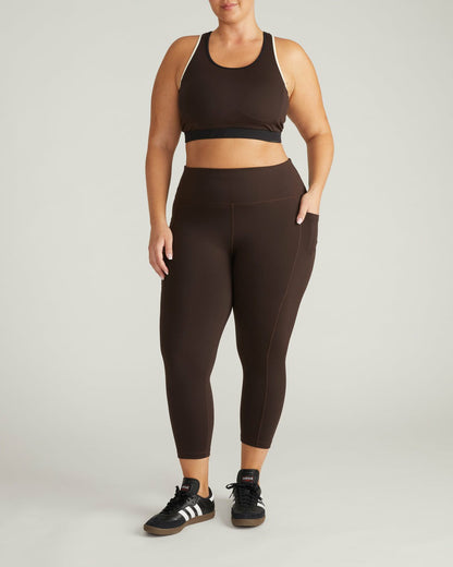 Next-to-Naked Racerback Sports Bra - Deep Brown/Dove Wing Trim | Universal Standard