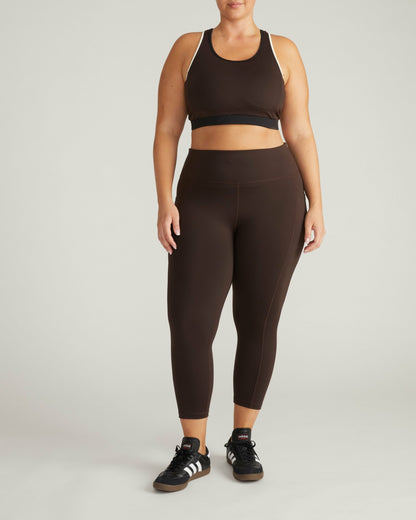 Next-to-Naked Racerback Sports Bra - Deep Brown/Dove Wing Trim | Universal Standard