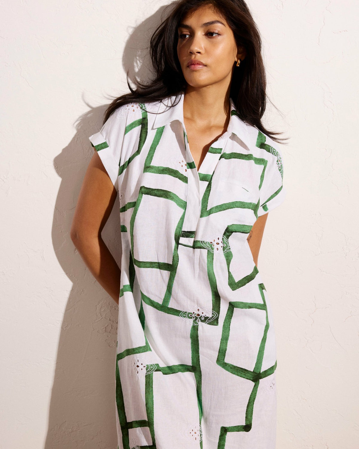 Sunshine Linen Blend Polo Dress - Green Paint Print | Universal Standard