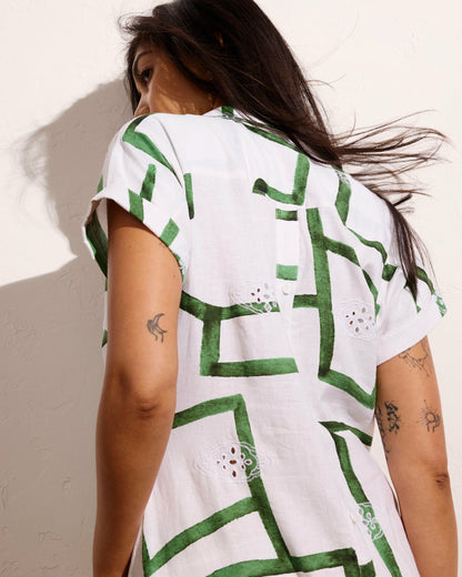Sunshine Linen Blend Polo Dress - Green Paint Print | Universal Standard