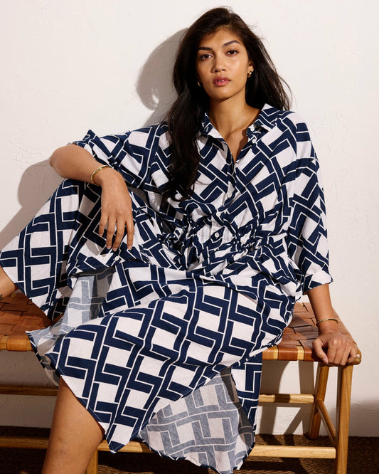 Paros Drawstring Linen Blend Shirtdress - Geometrica Print | Universal Standard