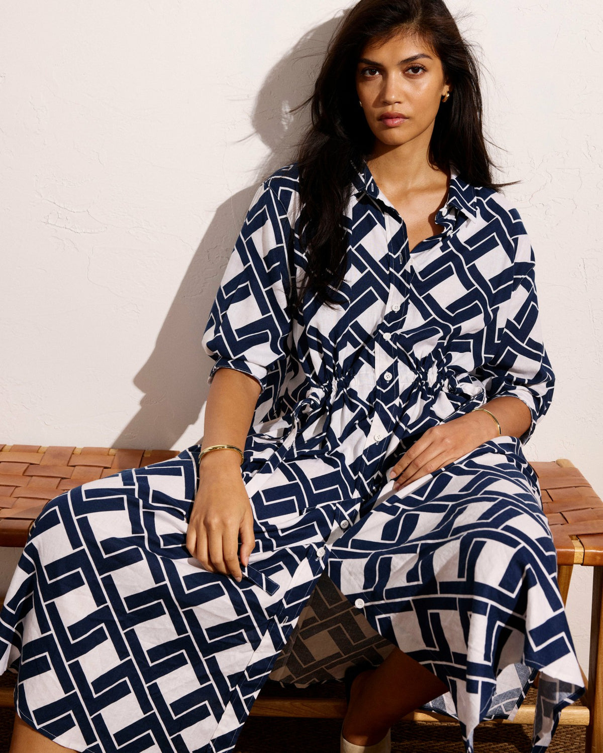 Paros Drawstring Linen Blend Shirtdress - Geometrica Print | Universal Standard
