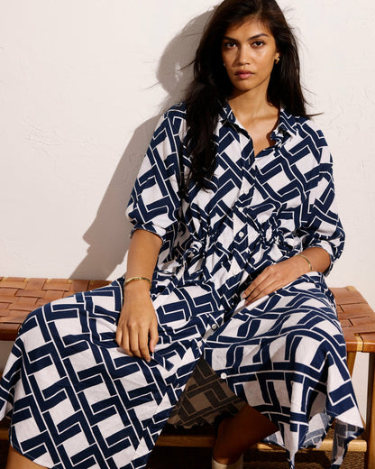 Paros Drawstring Linen Blend Shirtdress - Geometrica Print | Universal Standard