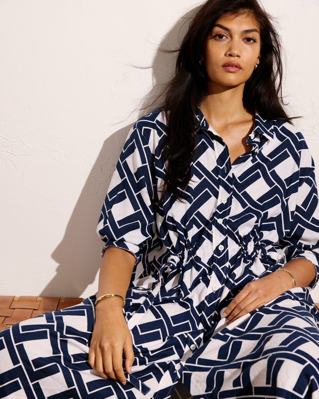 Paros Drawstring Linen Blend Shirtdress - Geometrica Print | Universal Standard