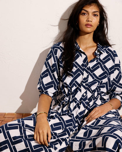 Paros Drawstring Linen Blend Shirtdress - Geometrica Print | Universal Standard