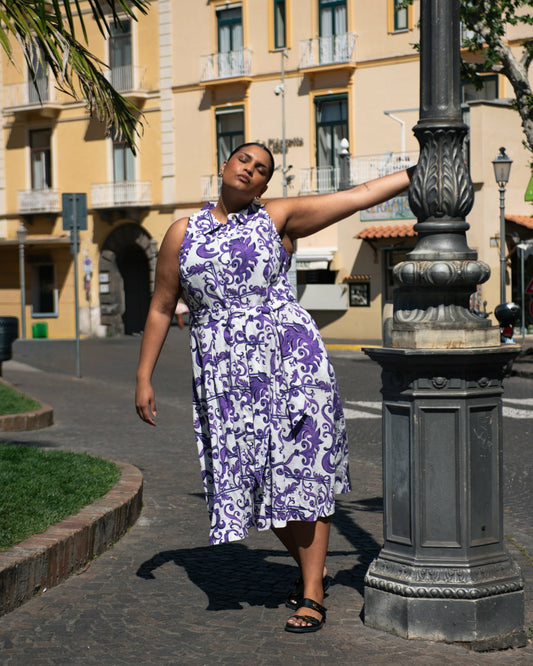 Adelaide Linen Blend Shirtdress - Purple Majolica Print | Universal Standard
