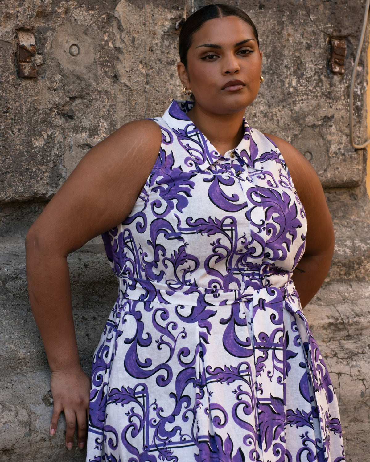 Adelaide Linen Blend Shirtdress - Purple Majolica Print | Universal Standard
