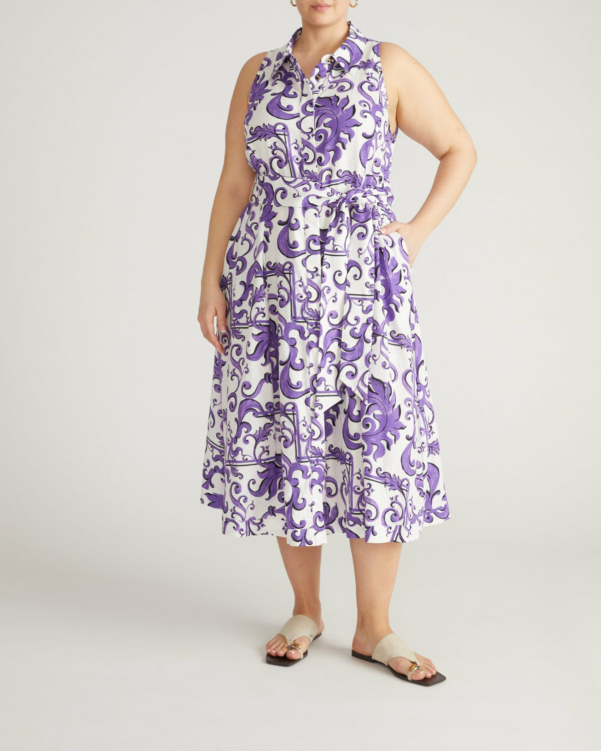 Adelaide Linen Blend Shirtdress - Purple Majolica Print | Universal Standard