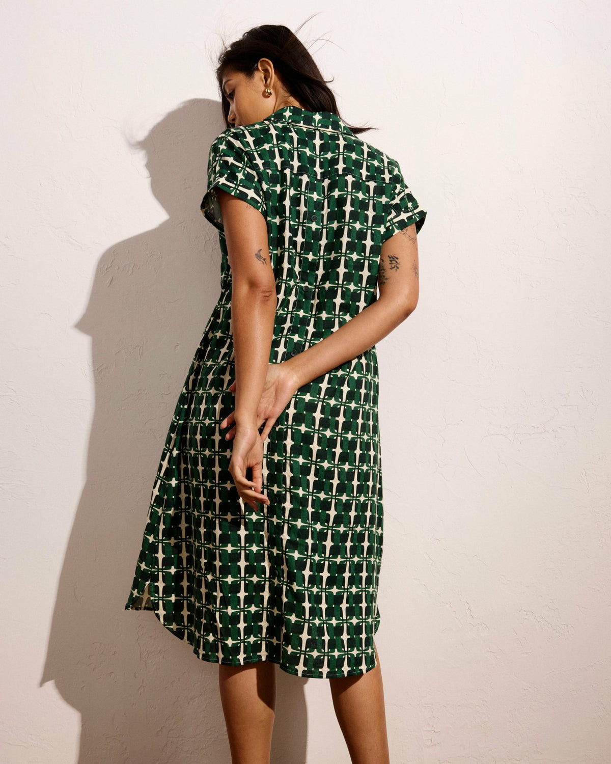 Sunshine Linen Blend Polo Dress - Green Trellis Print | Universal Standard