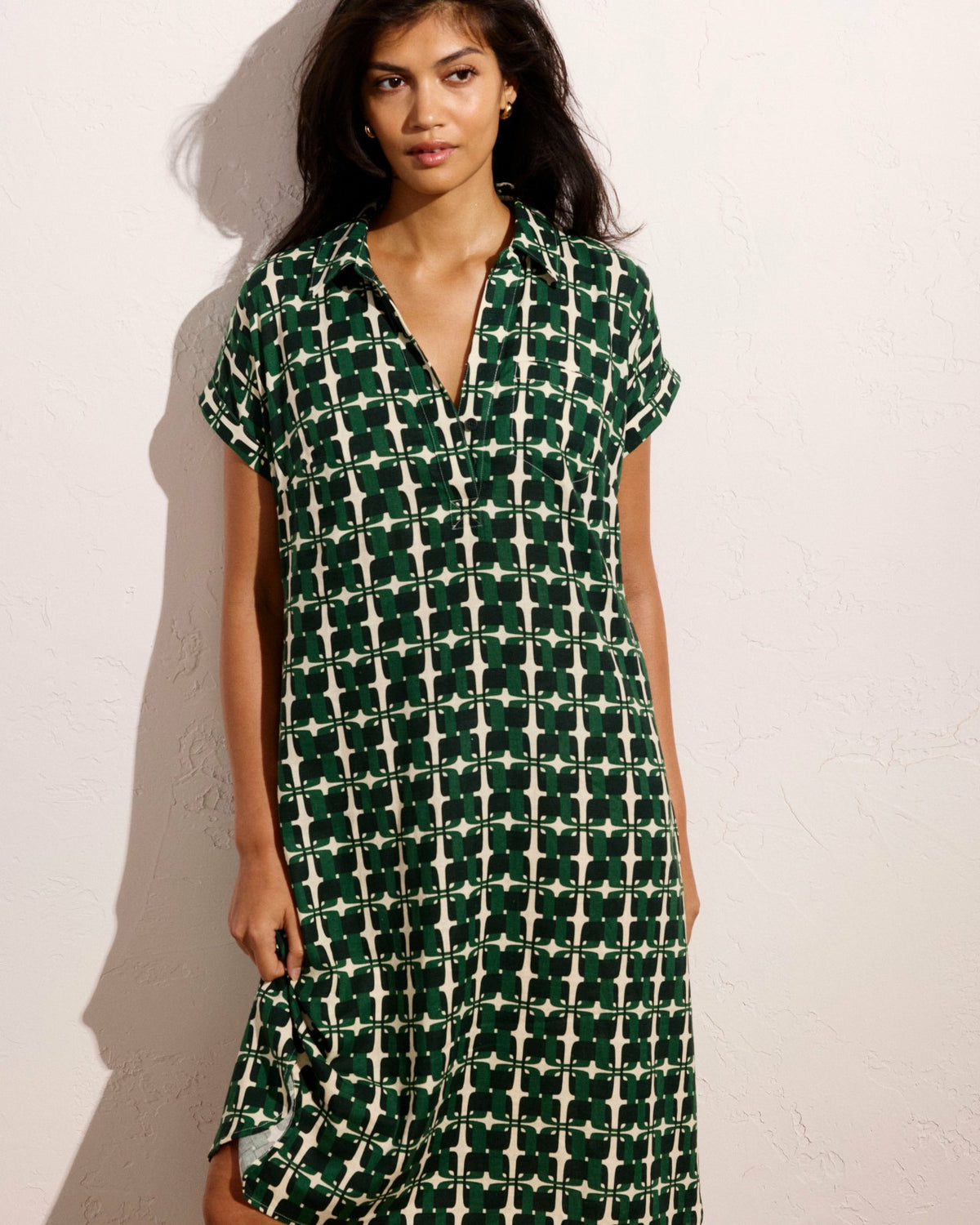 Sunshine Linen Blend Polo Dress - Green Trellis Print | Universal Standard