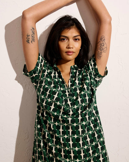 Sunshine Linen Blend Polo Dress - Green Trellis Print | Universal Standard