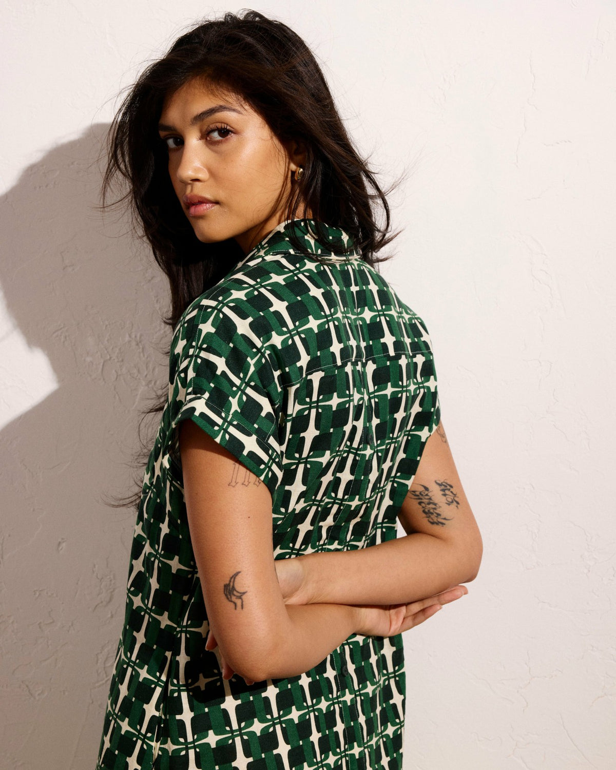 Sunshine Linen Blend Polo Dress - Green Trellis Print | Universal Standard
