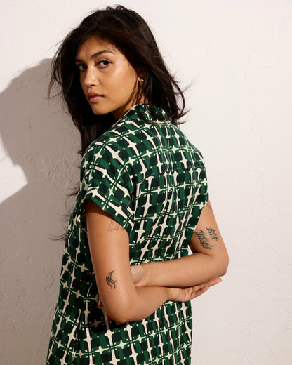 Sunshine Linen Blend Polo Dress - Green Trellis Print | Universal Standard