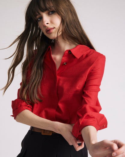 Elbe Stretch Linen Blend Shirt - Brilliant Red | Universal Standard