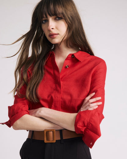 Elbe Stretch Linen Blend Shirt - Brilliant Red | Universal Standard