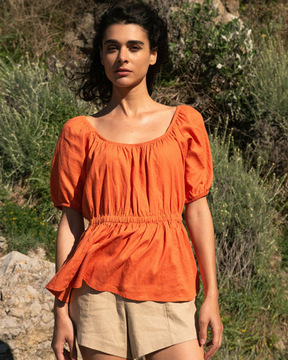 Andrea Peplum Linen Blend Top - Italian Orange | Universal Standard