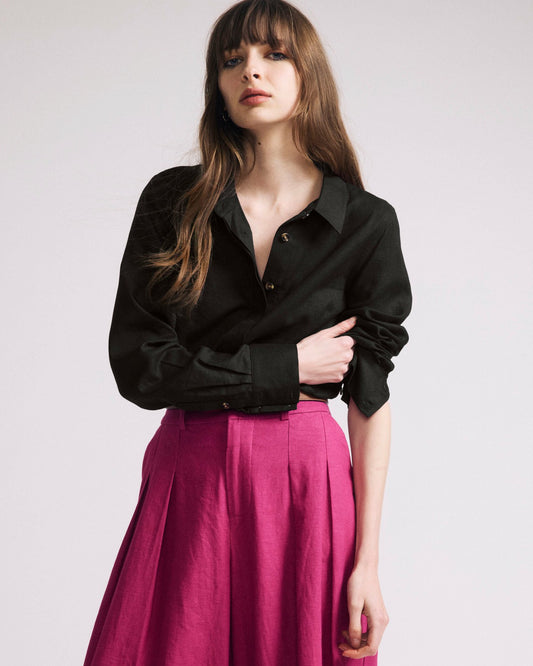 Elbe Popover Stretch Linen Blend Shirt - Black | Universal Standard