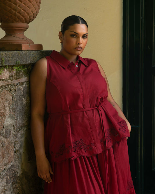Adelaide Embroidered Sleeveless Linen Blend Shirt - Vibrant Red | Universal Standard