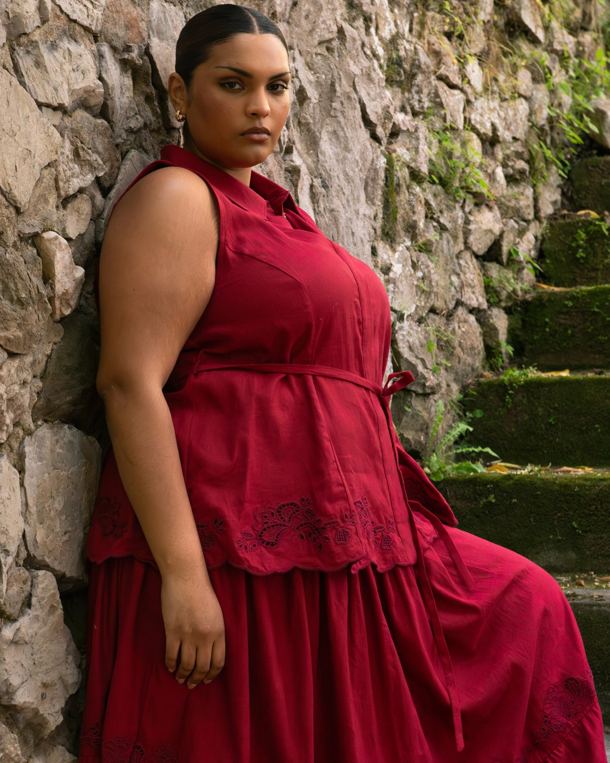 Adelaide Embroidered Sleeveless Linen Blend Shirt - Vibrant Red | Universal Standard