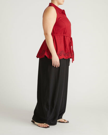 Adelaide Embroidered Sleeveless Linen Blend Shirt - Vibrant Red | Universal Standard
