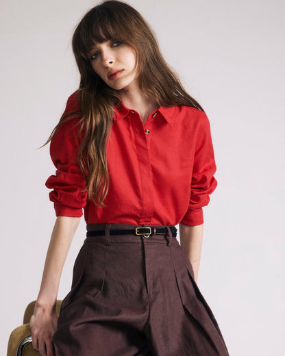 Elbe Popover Stretch Linen Blend Shirt - Brilliant Red | Universal Standard