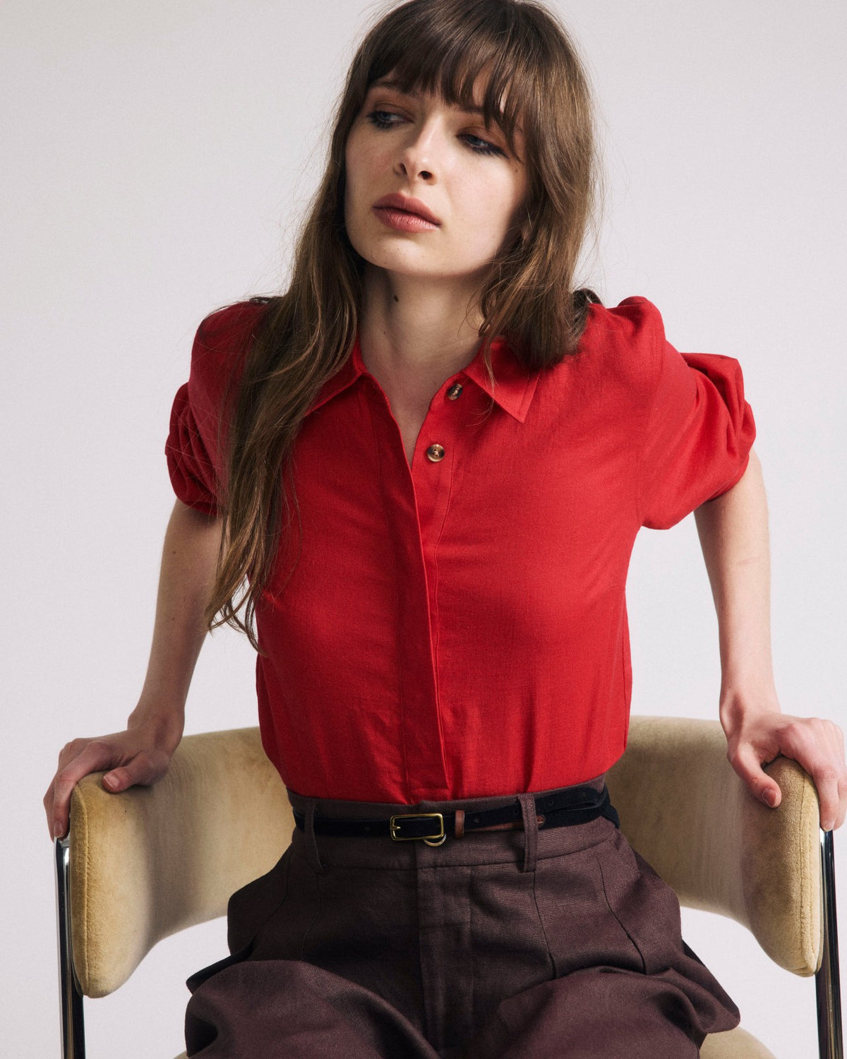 Elbe Popover Stretch Linen Blend Shirt - Brilliant Red | Universal Standard