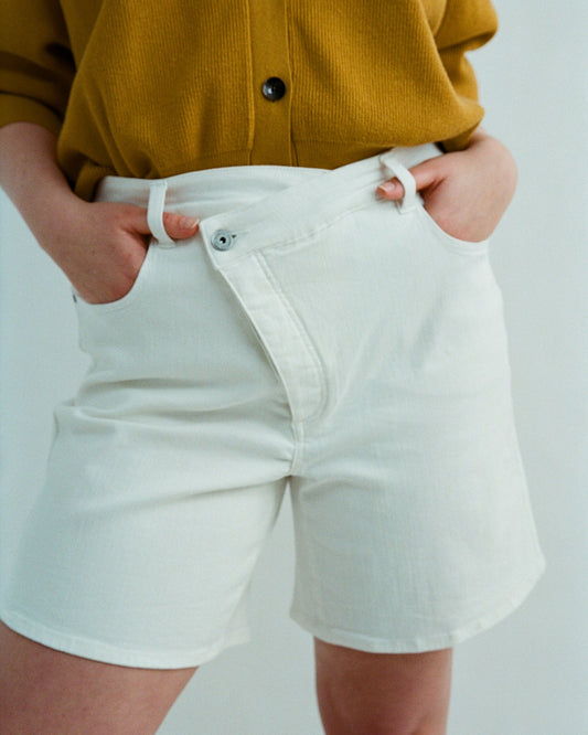Katie High Rise Crossover Denim Shorts - White | Universal Standard