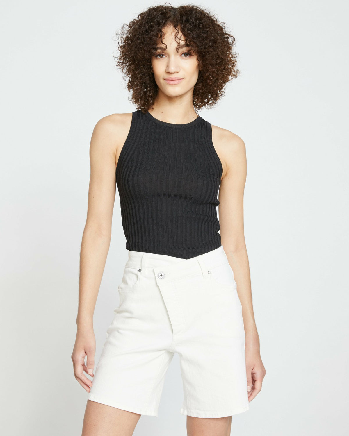 Katie High Rise Crossover Denim Shorts - White | Universal Standard