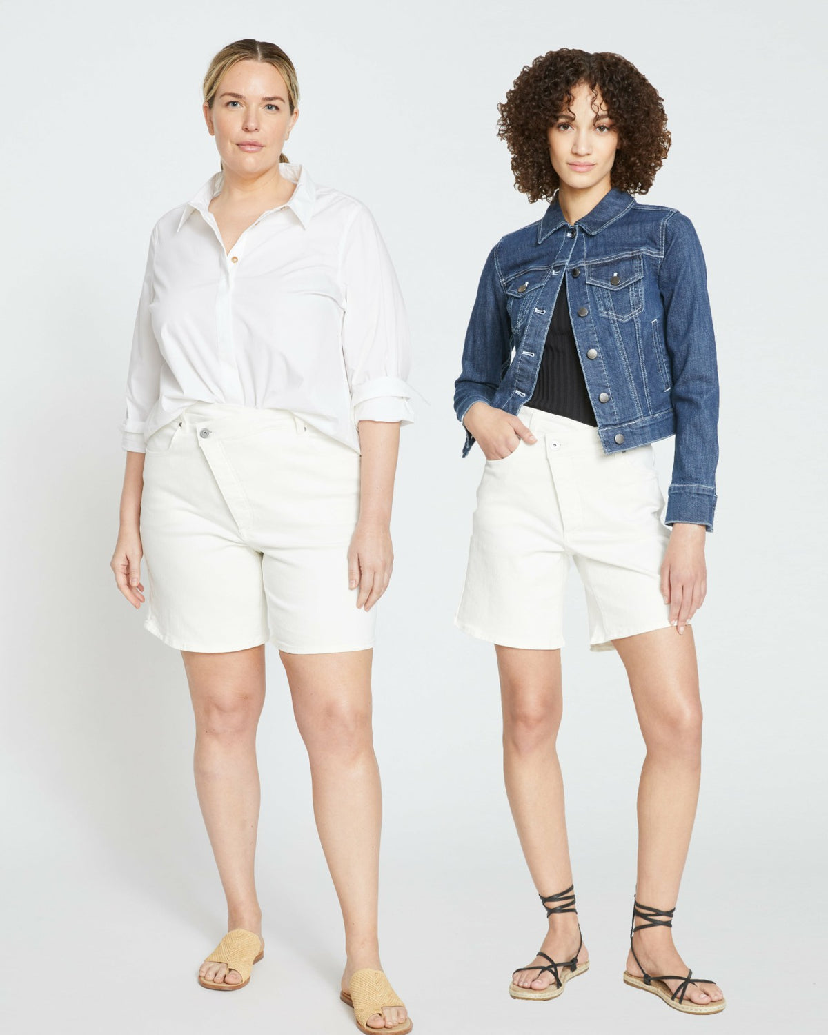 Katie High Rise Crossover Denim Shorts - White | Universal Standard