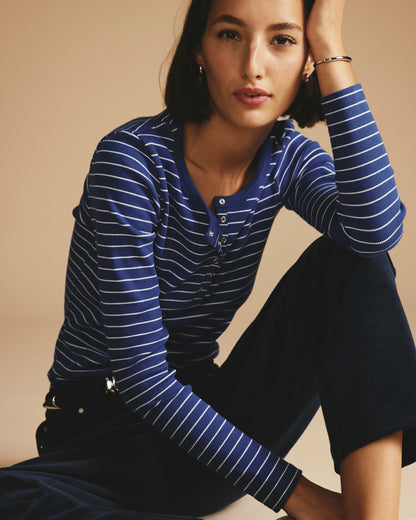 Henley Long Sleeve Ribbed Tee - Bright Blue/White Microstripe | Universal Standard