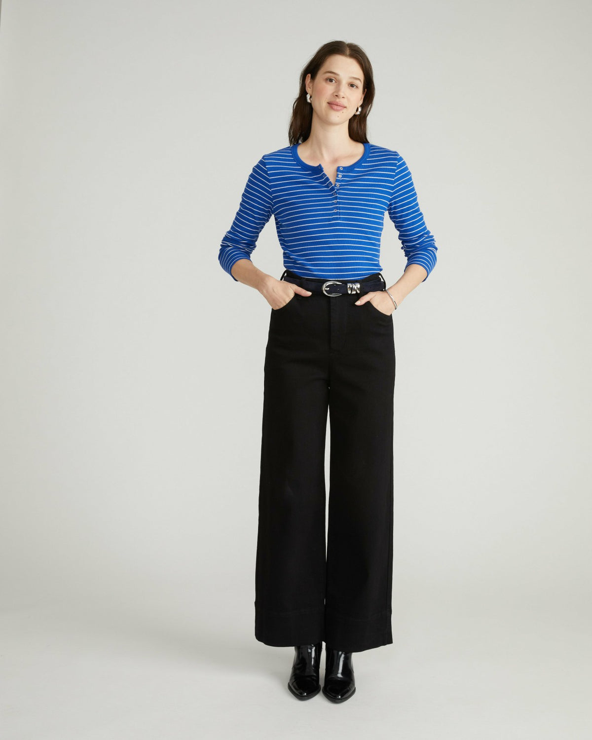 Henley Long Sleeve Ribbed Tee - Bright Blue/White Microstripe | Universal Standard