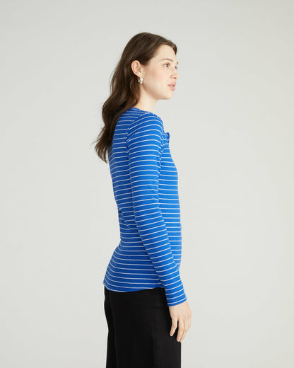 Henley Long Sleeve Ribbed Tee - Bright Blue/White Microstripe | Universal Standard