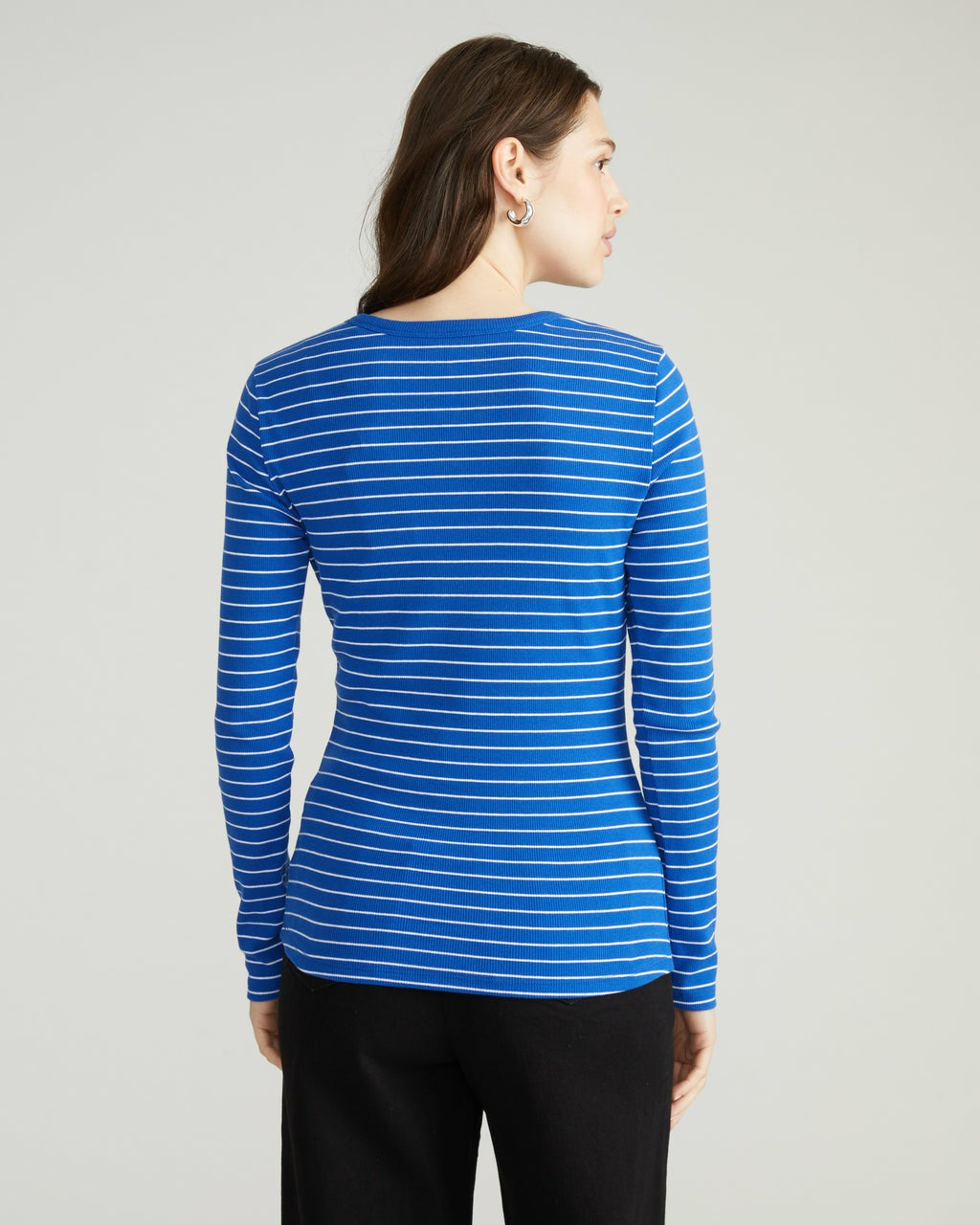 Henley Long Sleeve Ribbed Tee - Bright Blue/White Microstripe | Universal Standard
