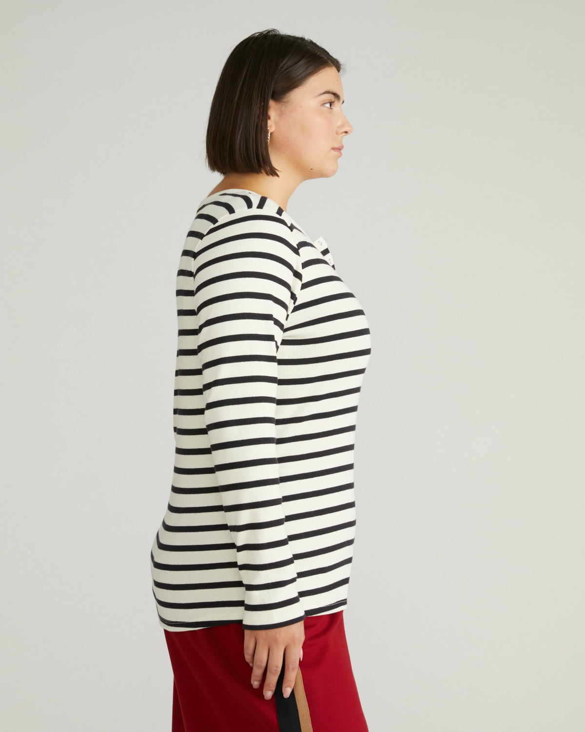 Henley Long Sleeve Ribbed Tee - Ecru/Black Stripe | Universal Standard