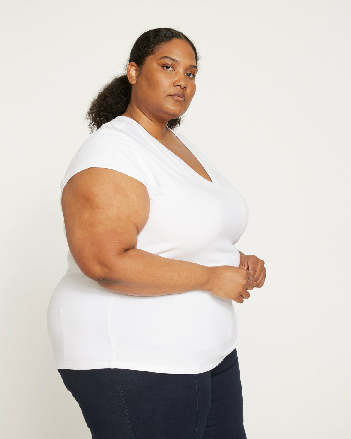 Ashley V Neck Cap Sleeve Tee - White | Universal Standard