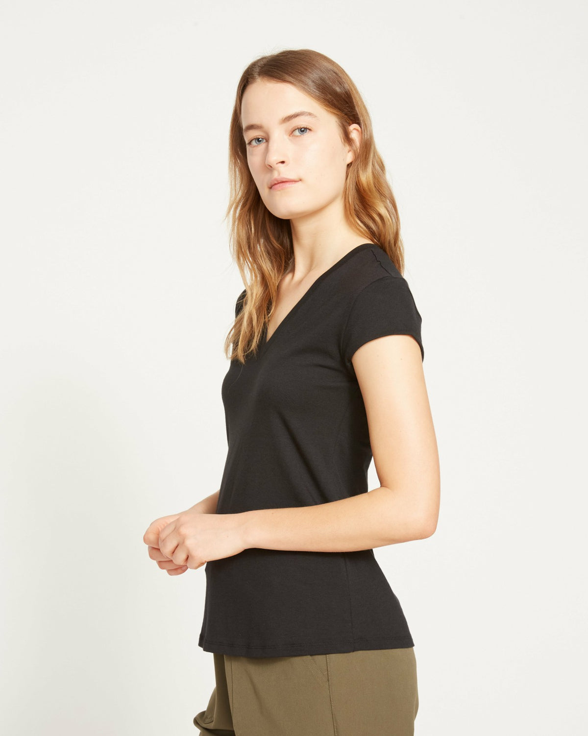 Ashley V Neck Cap Sleeve Tee - Black | Universal Standard