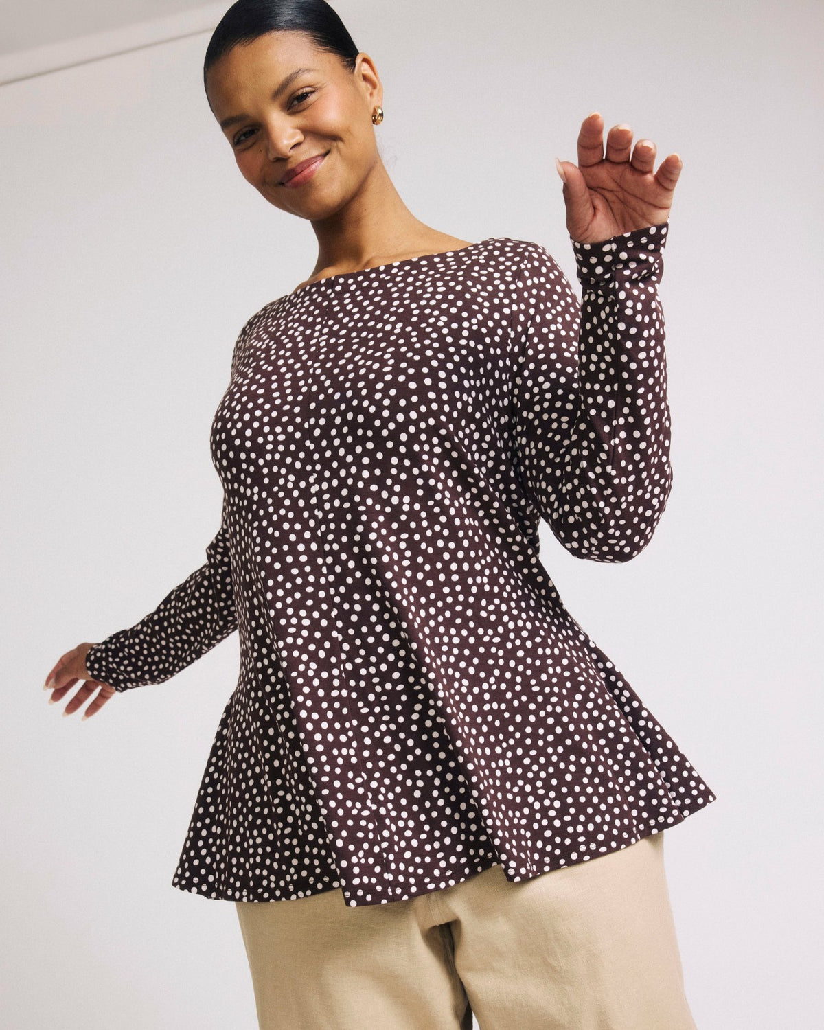 Cassandra Divine Jersey Top - Brown/White Dot Print | Universal Standard